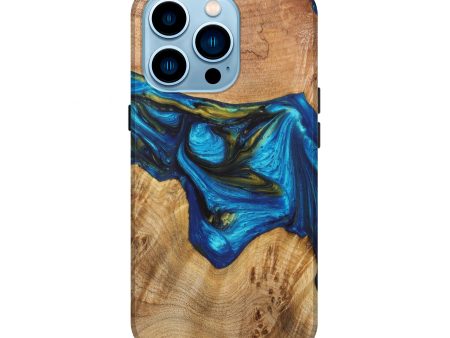 iPhone 14 Pro Wood+Resin Live Edge Phone Case - Waylon (Teal & Gold, 628537) Fashion