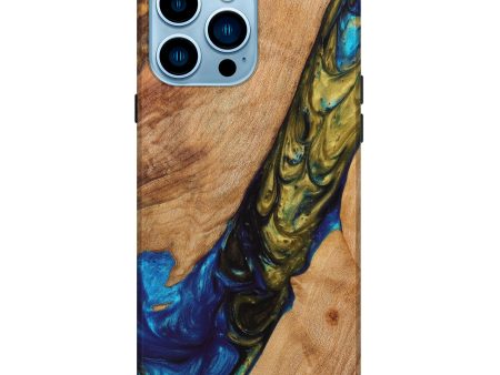 iPhone 14 Pro Max Wood+Resin Live Edge Phone Case - Calliope (Teal & Gold, 629357) For Sale