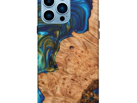 iPhone 14 Pro Max Wood+Resin Live Edge Phone Case - Ophelia (Teal & Gold, 628534) For Cheap