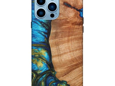 iPhone 14 Pro Max Wood+Resin Live Edge Phone Case - Casandra (Teal & Gold, 629015) For Discount