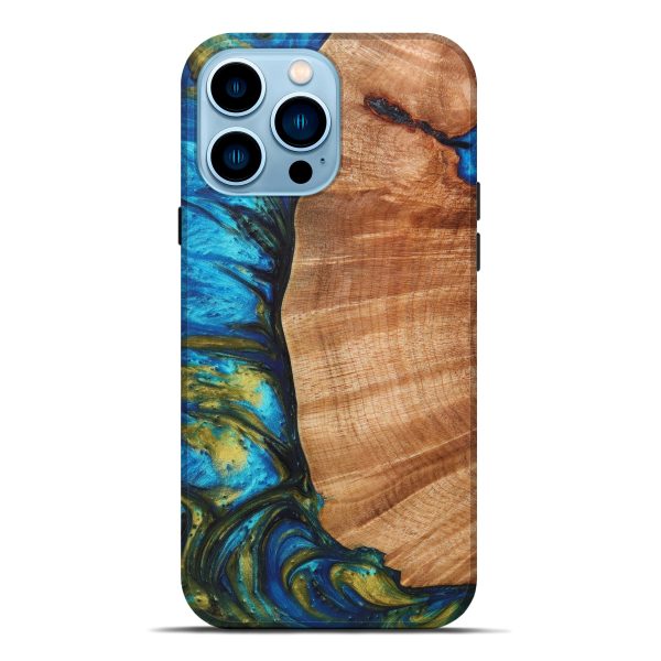 iPhone 14 Pro Max Wood+Resin Live Edge Phone Case - Casandra (Teal & Gold, 629015) For Discount