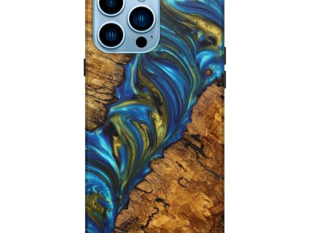 iPhone 14 Pro Max Wood+Resin Live Edge Phone Case - Edgardo (Teal & Gold, 630452) Hot on Sale