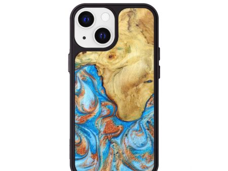 iPhone 13 mini Wood+Resin Phone Case - Abram (Teal & Gold, 630686) Sale