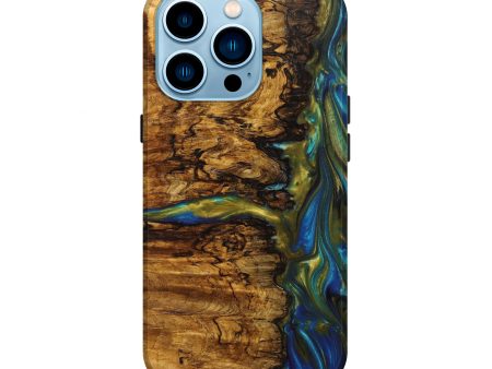 iPhone 14 Pro Wood+Resin Live Edge Phone Case - Weldon (Teal & Gold, 630451) Discount