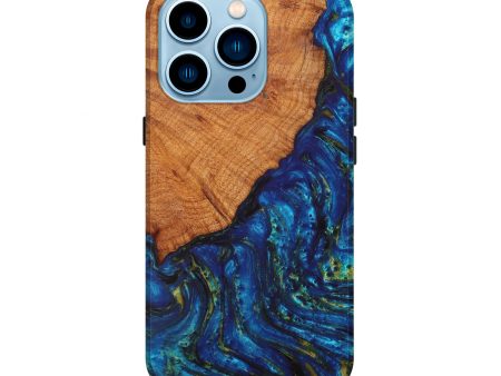 iPhone 14 Pro Wood+Resin Live Edge Phone Case - Philomena (Teal & Gold, 629770) Online Hot Sale