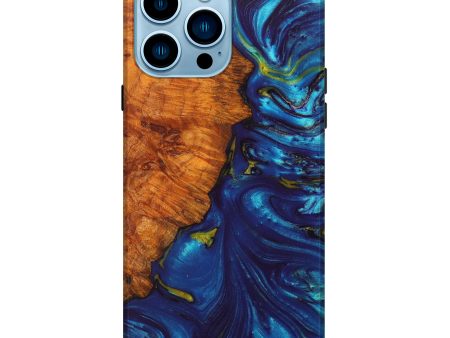 iPhone 14 Pro Max Wood+Resin Live Edge Phone Case - Betsy (Teal & Gold, 628539) For Sale