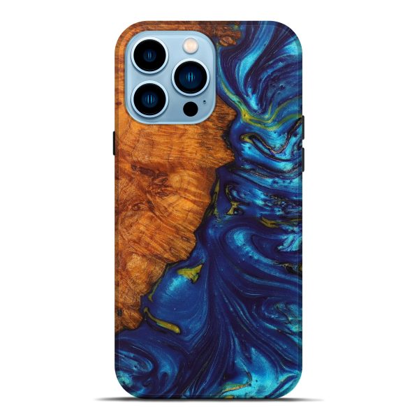 iPhone 14 Pro Max Wood+Resin Live Edge Phone Case - Betsy (Teal & Gold, 628539) For Sale