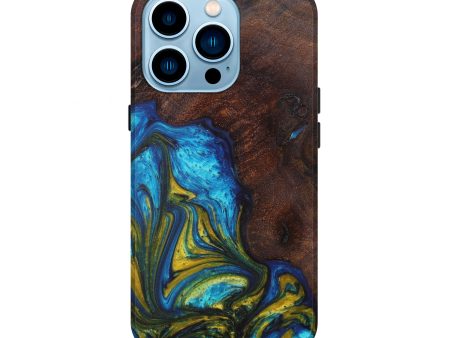 iPhone 14 Pro Wood+Resin Live Edge Phone Case - Aubree (Teal & Gold, 629002) on Sale