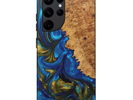 Galaxy S22 Ultra Wood+Resin Live Edge Phone Case - Abdiel (Teal & Gold, 628647) For Discount