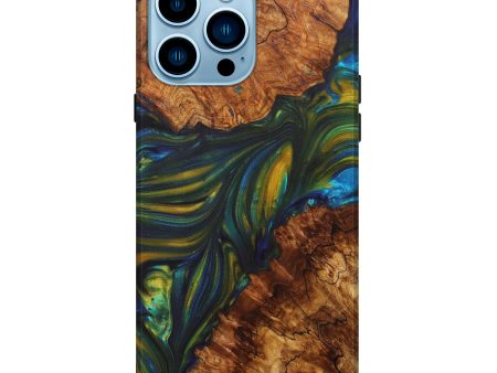 iPhone 14 Pro Max Wood+Resin Live Edge Phone Case - Ryland (Teal & Gold, 628662) For Sale