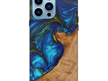 iPhone 14 Pro Max Wood+Resin Live Edge Phone Case - Charlee (Teal & Gold, 625526) Supply