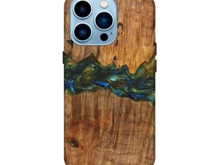 iPhone 14 Pro Wood+Resin Live Edge Phone Case - Cynthia (Teal & Gold, 626880) For Cheap