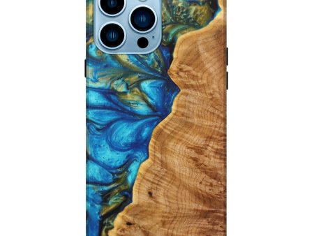 iPhone 14 Pro Max Wood+Resin Live Edge Phone Case - Karsen (Teal & Gold, 626007) For Discount