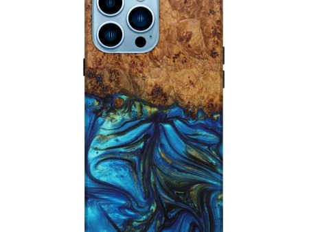 iPhone 14 Pro Max Wood+Resin Live Edge Phone Case - Antoinette (Teal & Gold, 628375) Cheap