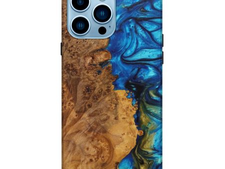 iPhone 14 Pro Max Wood+Resin Live Edge Phone Case - Justyn (Teal & Gold, 627236) For Cheap