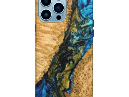 iPhone 14 Pro Max Wood+Resin Live Edge Phone Case - Brenden (Teal & Gold, 626626) For Cheap