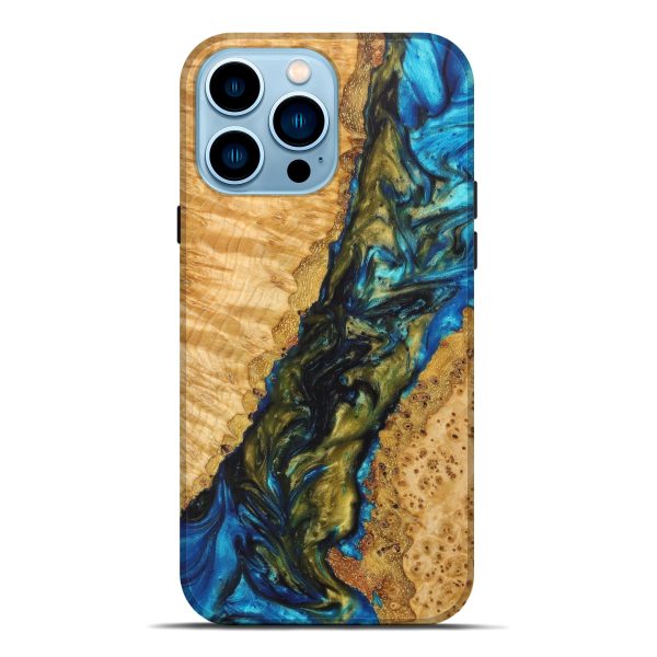 iPhone 14 Pro Max Wood+Resin Live Edge Phone Case - Brenden (Teal & Gold, 626626) For Cheap