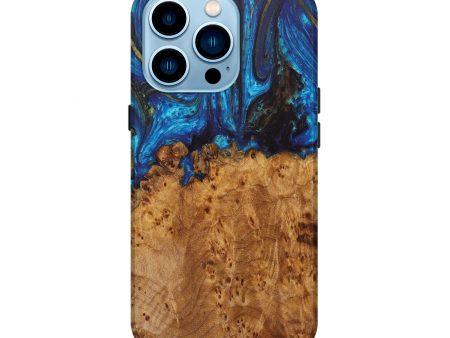 iPhone 14 Pro Wood+Resin Live Edge Phone Case - Bexley (Teal & Gold, 628653) Fashion