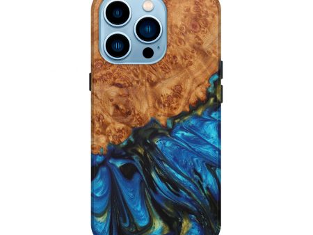 iPhone 14 Pro Wood+Resin Live Edge Phone Case - Loraine (Teal & Gold, 626970) For Sale