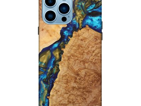 iPhone 14 Pro Max Wood+Resin Live Edge Phone Case - Jaylon (Teal & Gold, 627997) on Sale