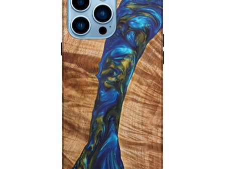 iPhone 14 Pro Max Wood+Resin Live Edge Phone Case - Kian (Teal & Gold, 630229) on Sale